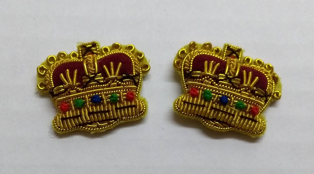 Army Crowns Gold With Crimson Padding Hand Embroidered H/E Insignia 7/8" 1 Pair