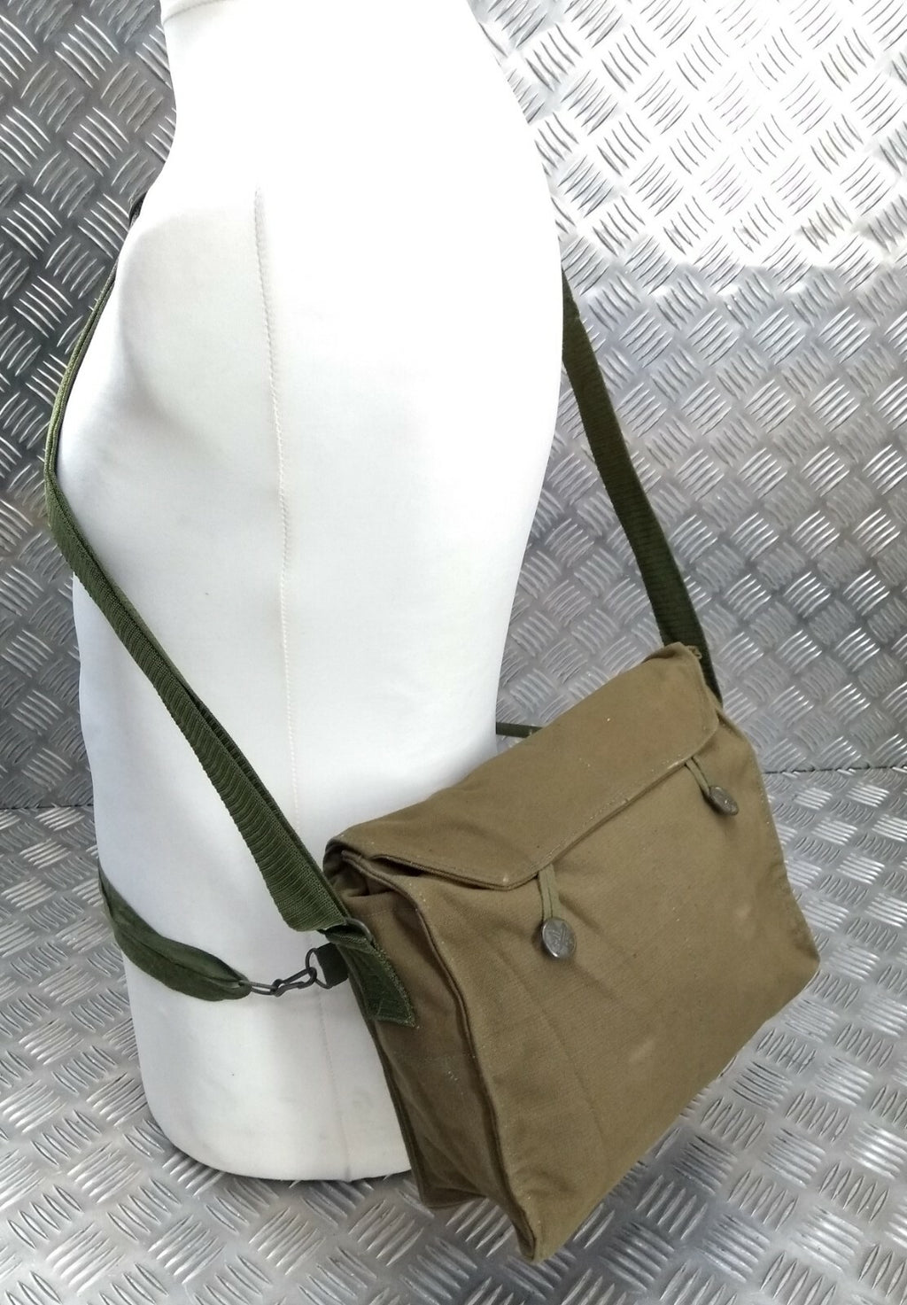 Khaki Canvas Gas Bag Vintage Haversack / Shoulder and Waist Straps 1980s Pattern