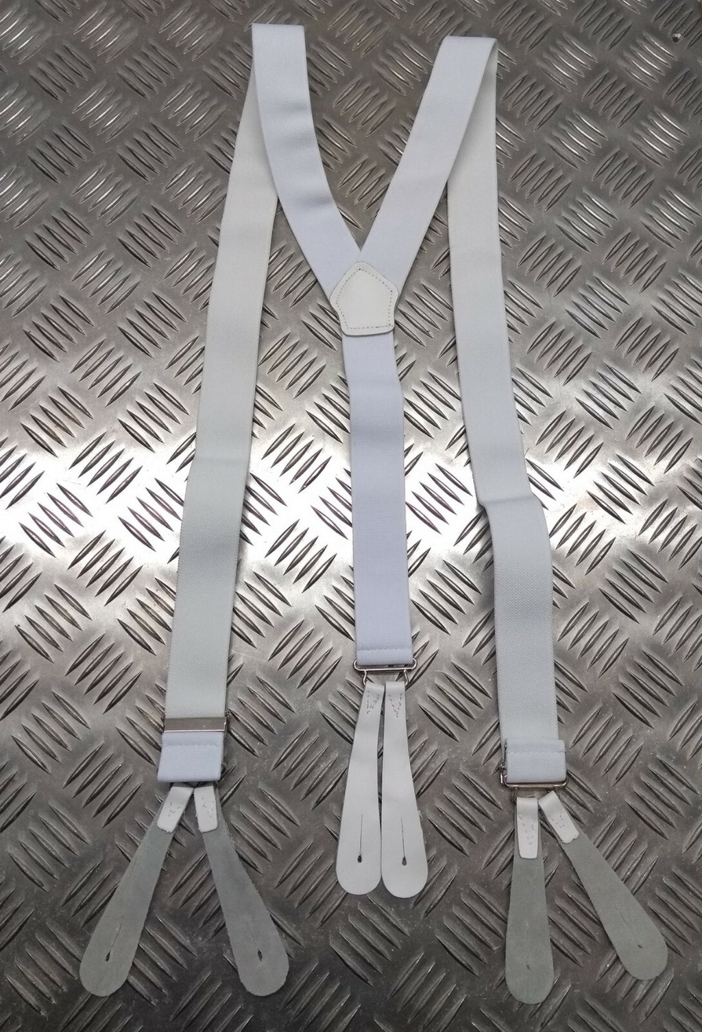 White Button Fastener 3.5cm Wide Braces With Leather Tab Adjustable One Size NEW