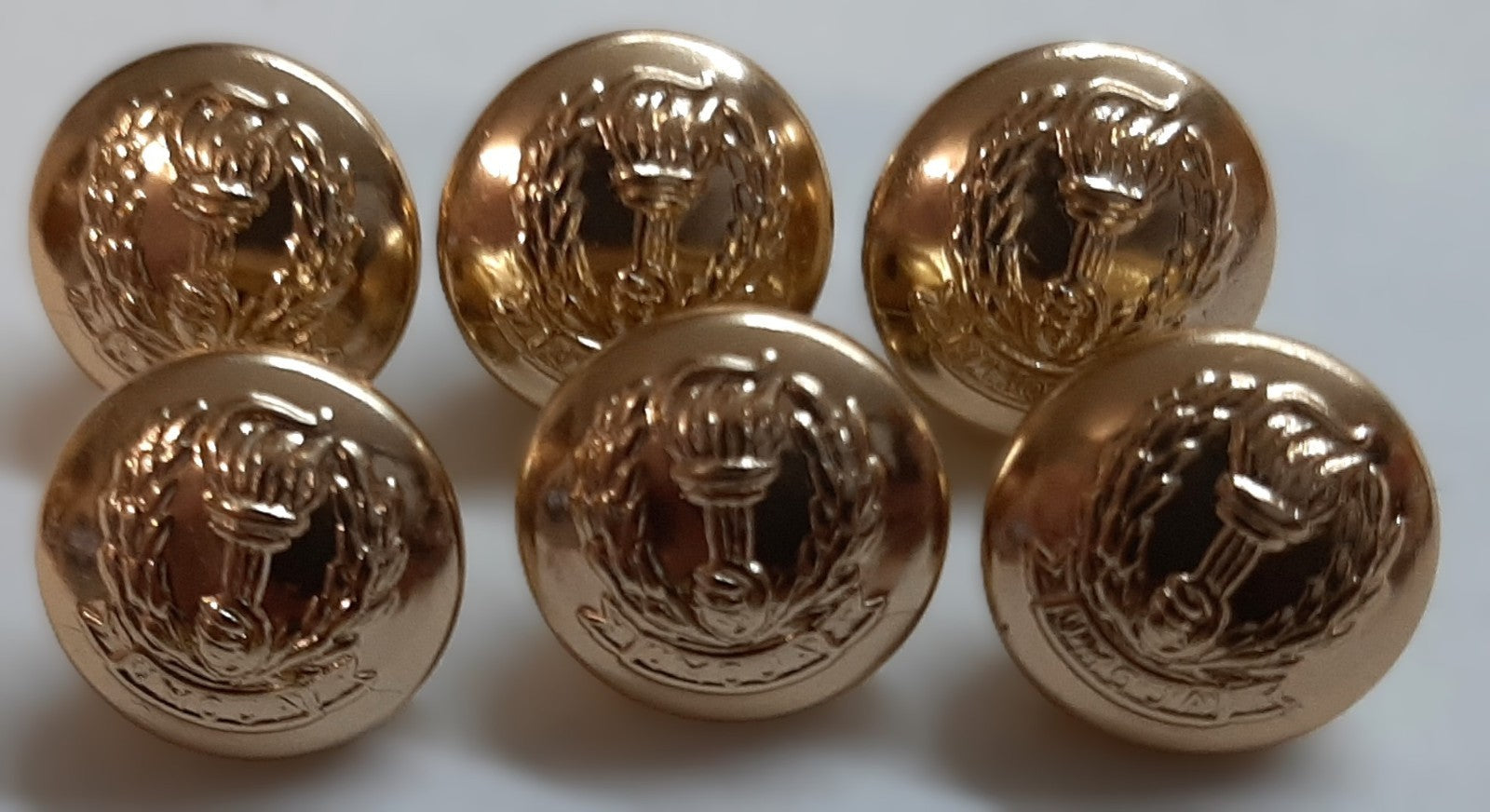 Insignia Hat Buttons Small Gold Coloured Ring Back Hand Torch & Laurel Leaves