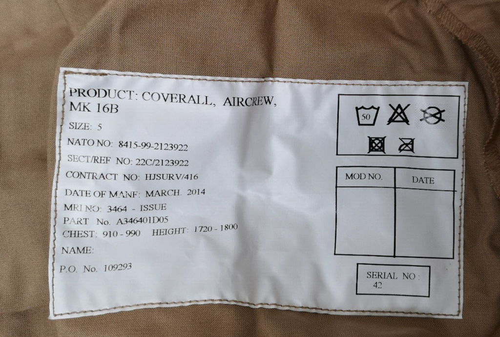 Aircrew Coverall MK16B Sand Desert Boiler Suit Size 5 Chest Range 91-99cm