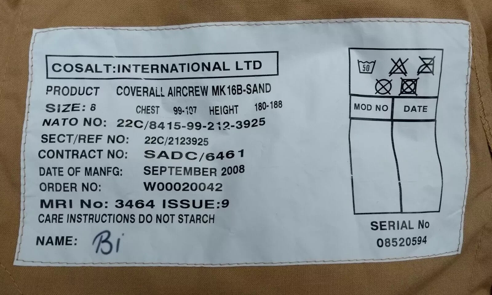 Aircrew Coverall MK16B Sand Desert Boiler Suit Size Chest Range 99-107cm