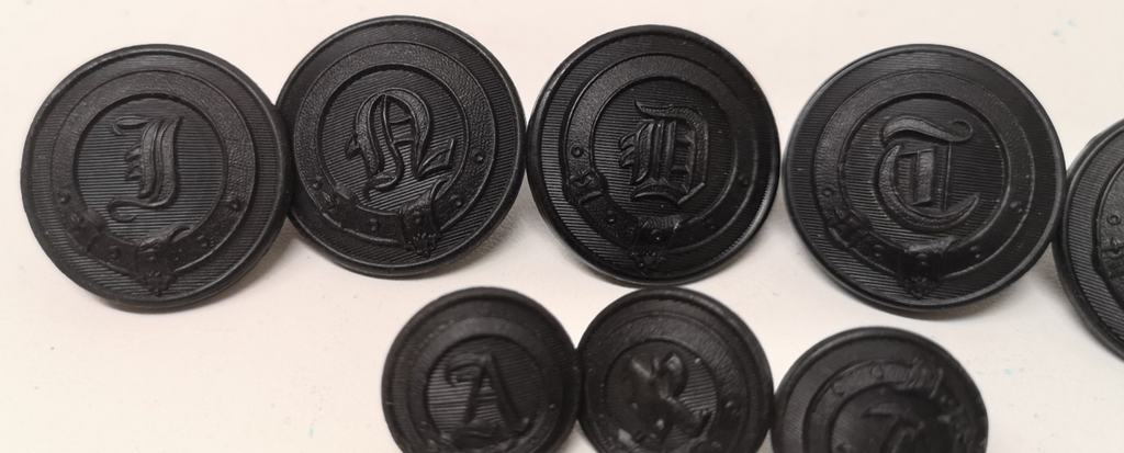 Black Livery / Civilian Buttons with Various Decorative Initial Letters set of 8