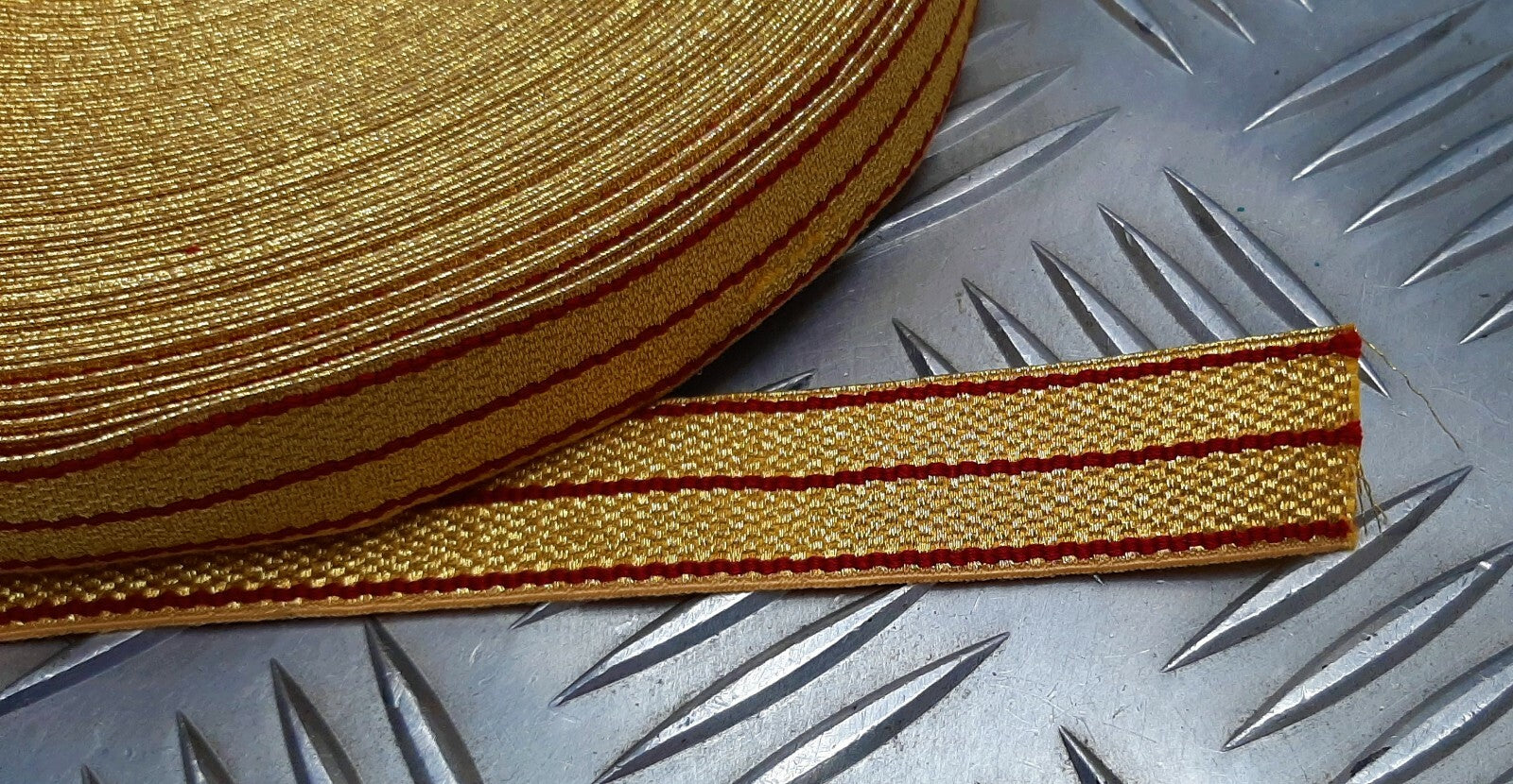 French Made Issue 19mm Gold Mylar Dark Red Striped Lace Braided Tape