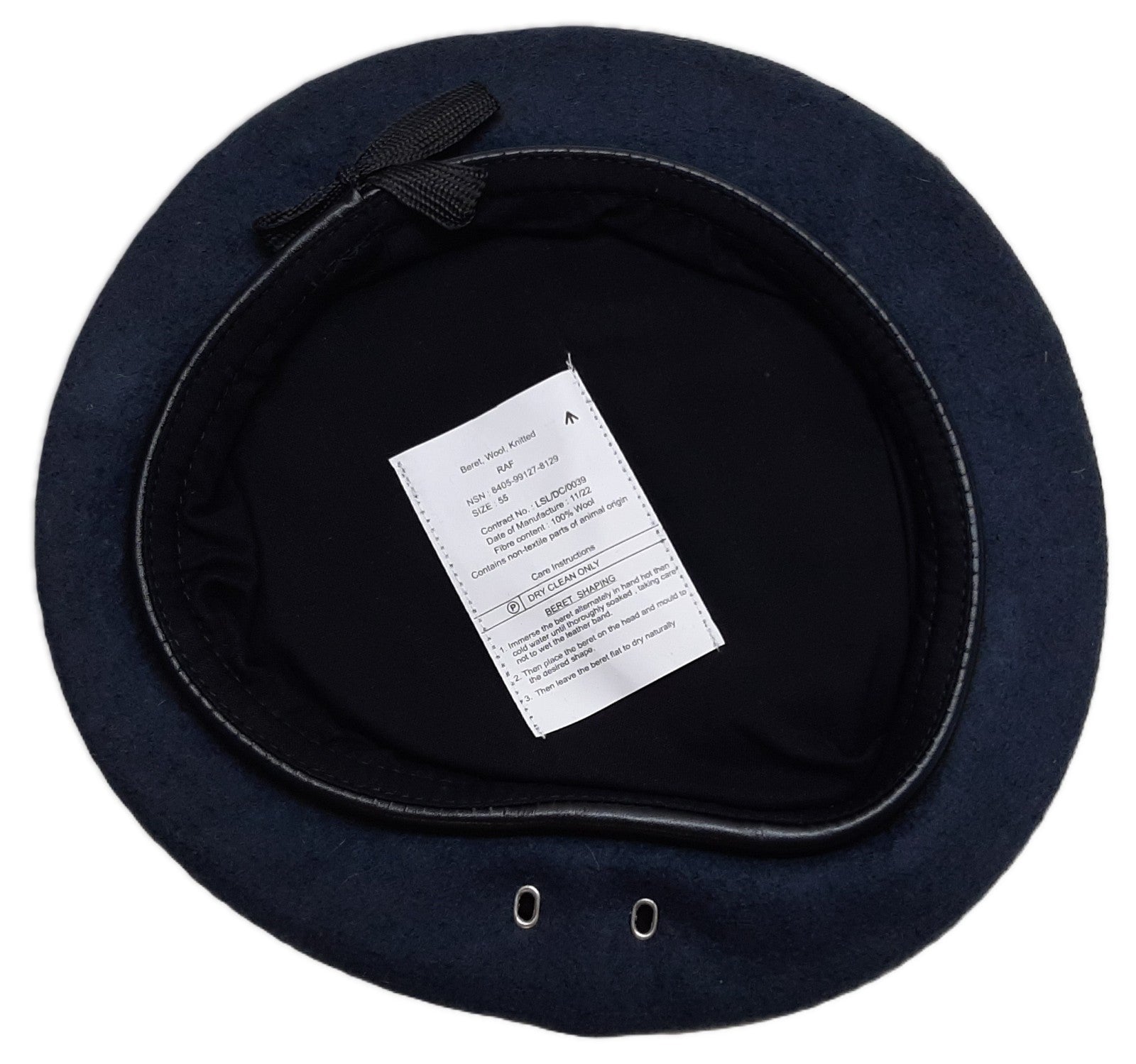 RAF Royal Air Force Beret Knitted Wool Blue Grey With Leather Rim & Badge Eyelets 55cm New