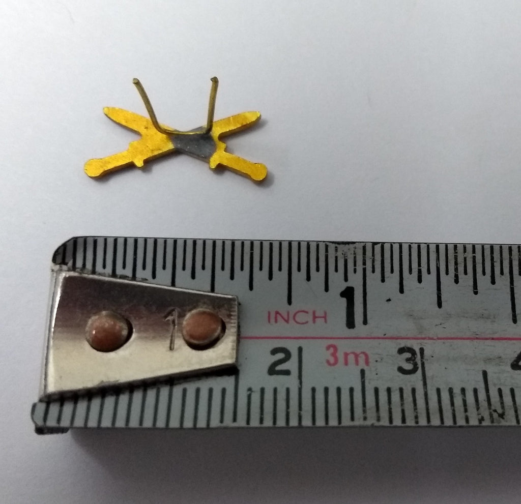 Vintage Insignia Badges Small Crossed Swords Prong Fittings 1 Pair Gold Coloured