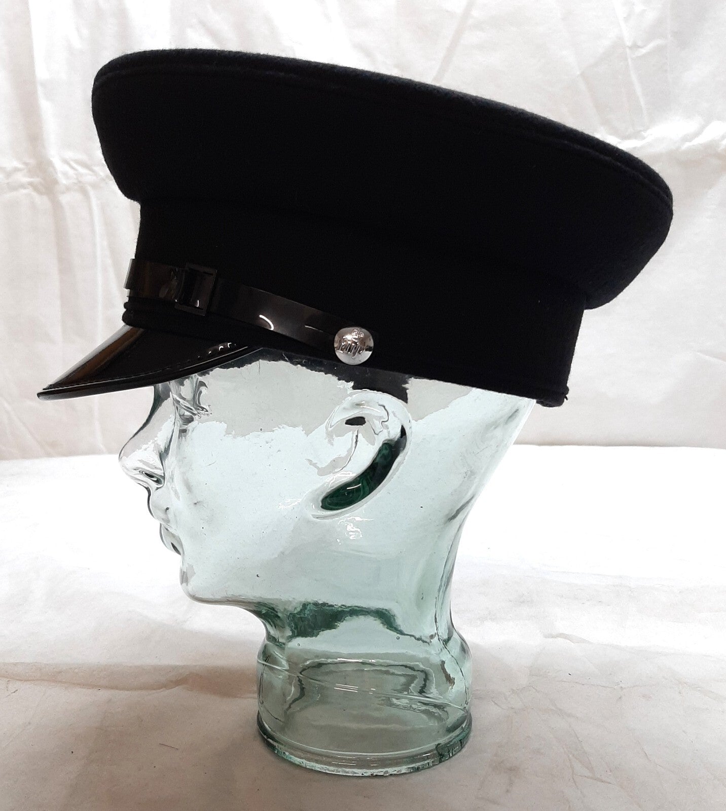 Dress Hat Black Wool Peak Cap With Chinstrap and Silver ER II Buttons Size 56cm