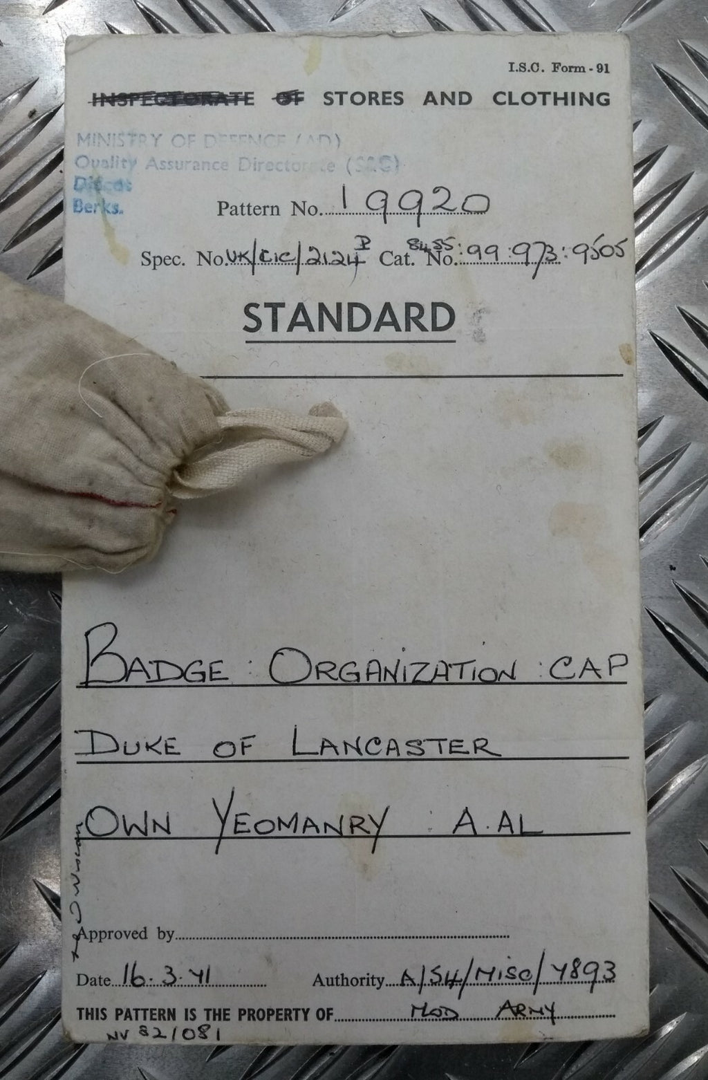 Genuine Vintage British Army Inspectorate of Stores Metal Badge Sample Card 1971
