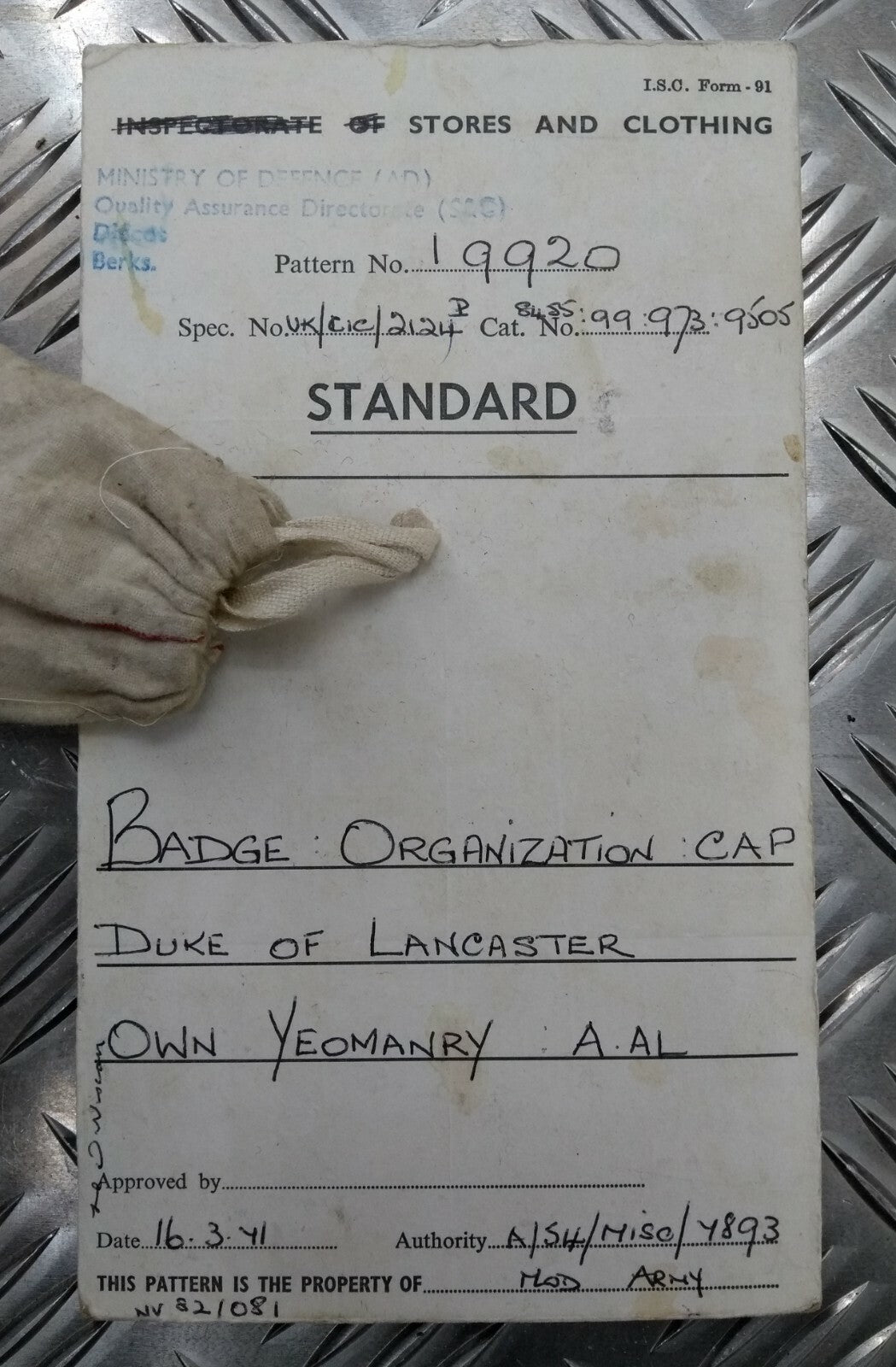Genuine Vintage British Army Inspectorate of Stores Metal Badge Sample Card 1971