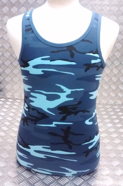 100% Cotton Midnite Blue Camo Sleeveless Vest Singlet Tank Top All Sizes NEW