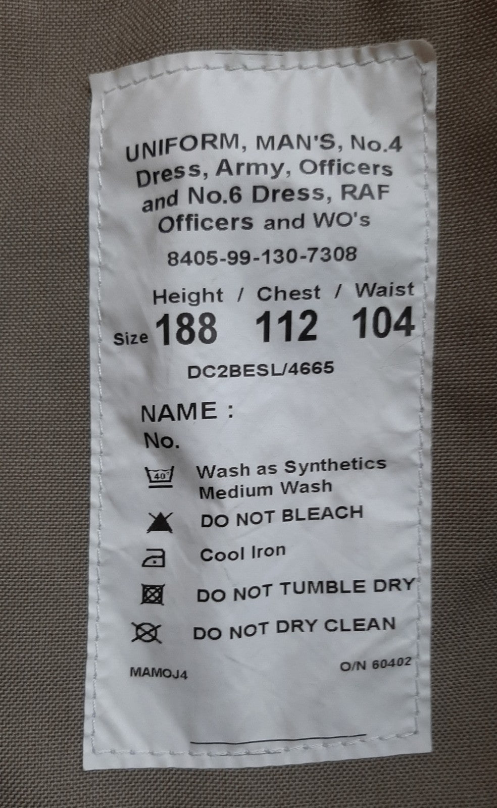 Jacket No4 No6 Dress OFCs WOs Without Badges or Buttons 188/112/104cm