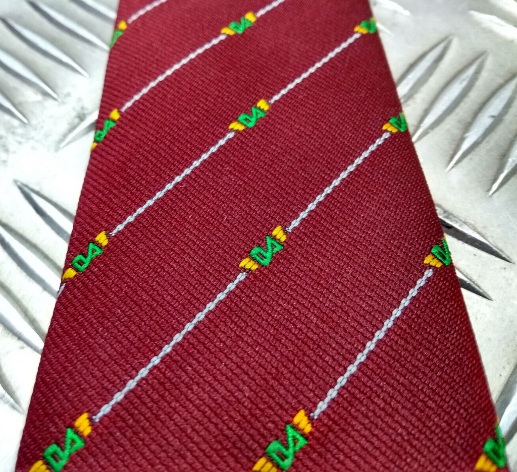 White Striped Maroon Tie with Unidentified Green & Yellow Symbol Pattern - NEW