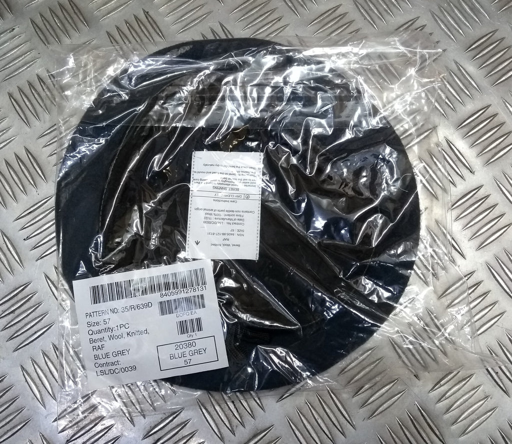 RAF Royal Air Force Beret Knitted Wool Blue Grey With Leather Rim & Badge Eyelets 57cm New