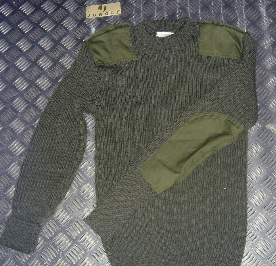 Green Crew Neck Pullover Commando Jumper with Sewn Badges British Army Issued