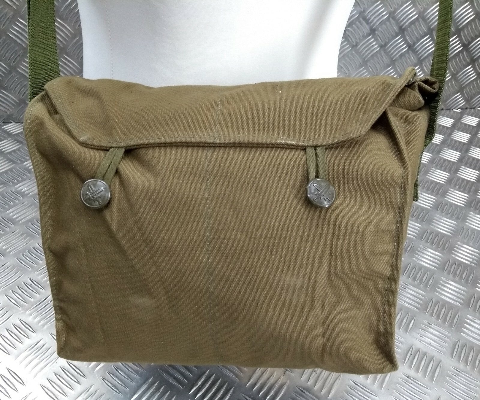 Khaki Canvas Gas Bag Vintage Haversack / Shoulder and Waist Straps 1980s Pattern