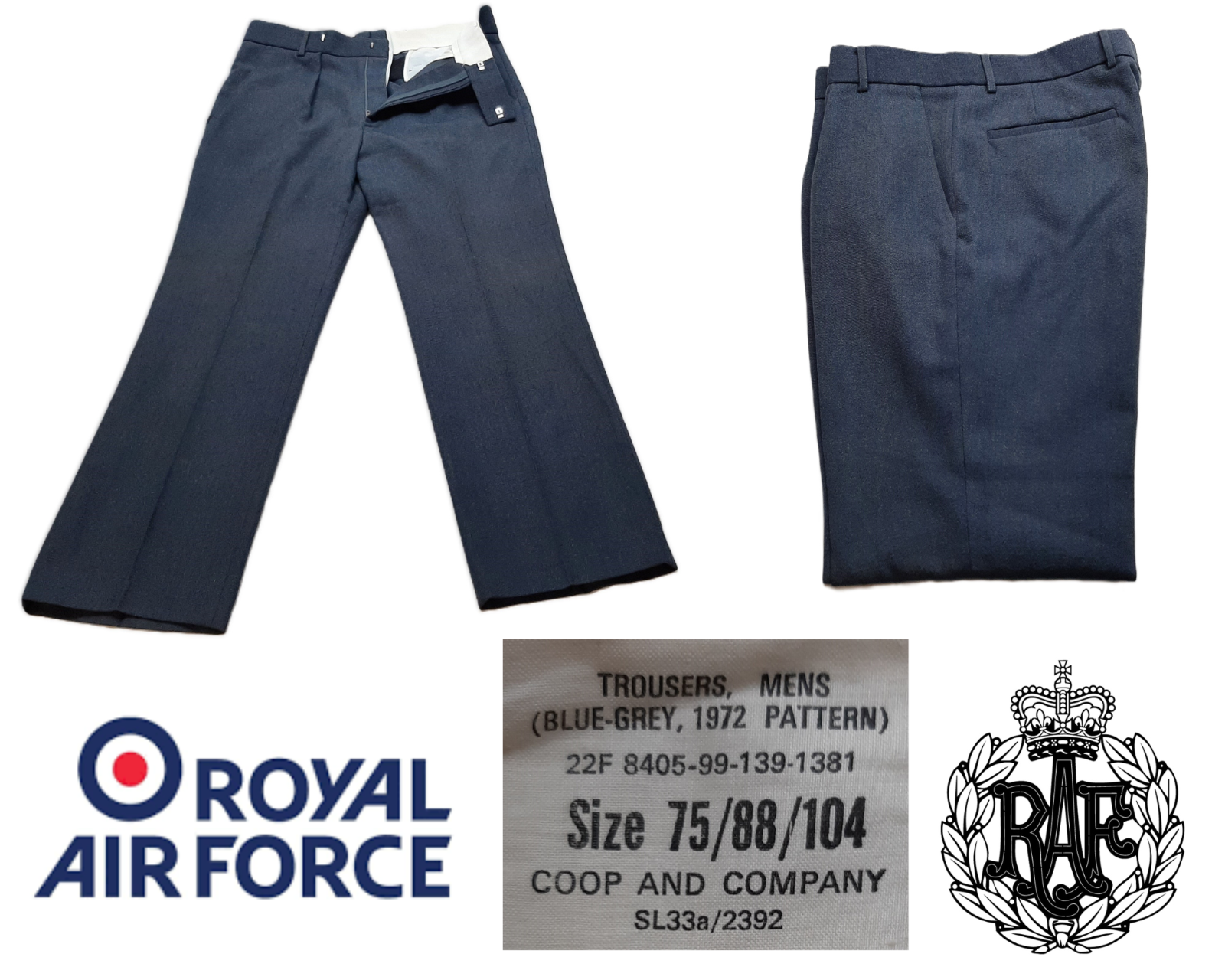 Vintage Trousers RAF Royal Air Force Dress Old Pattern Air Force Blue Grey Colour W 88cm