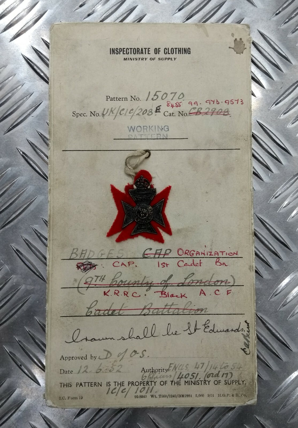 Genuine Vintage British Army Inspectorate of Stores Metal Badge Sample Card 1952