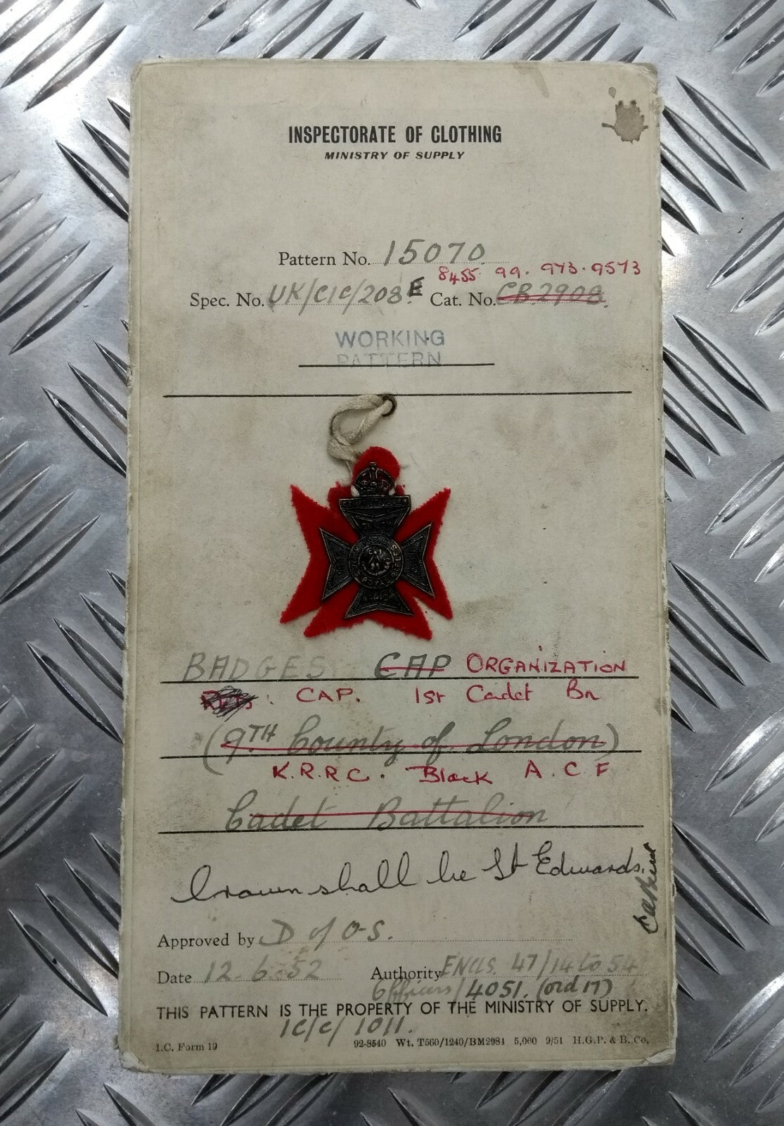 Genuine Vintage British Army Inspectorate of Stores Metal Badge Sample Card 1952