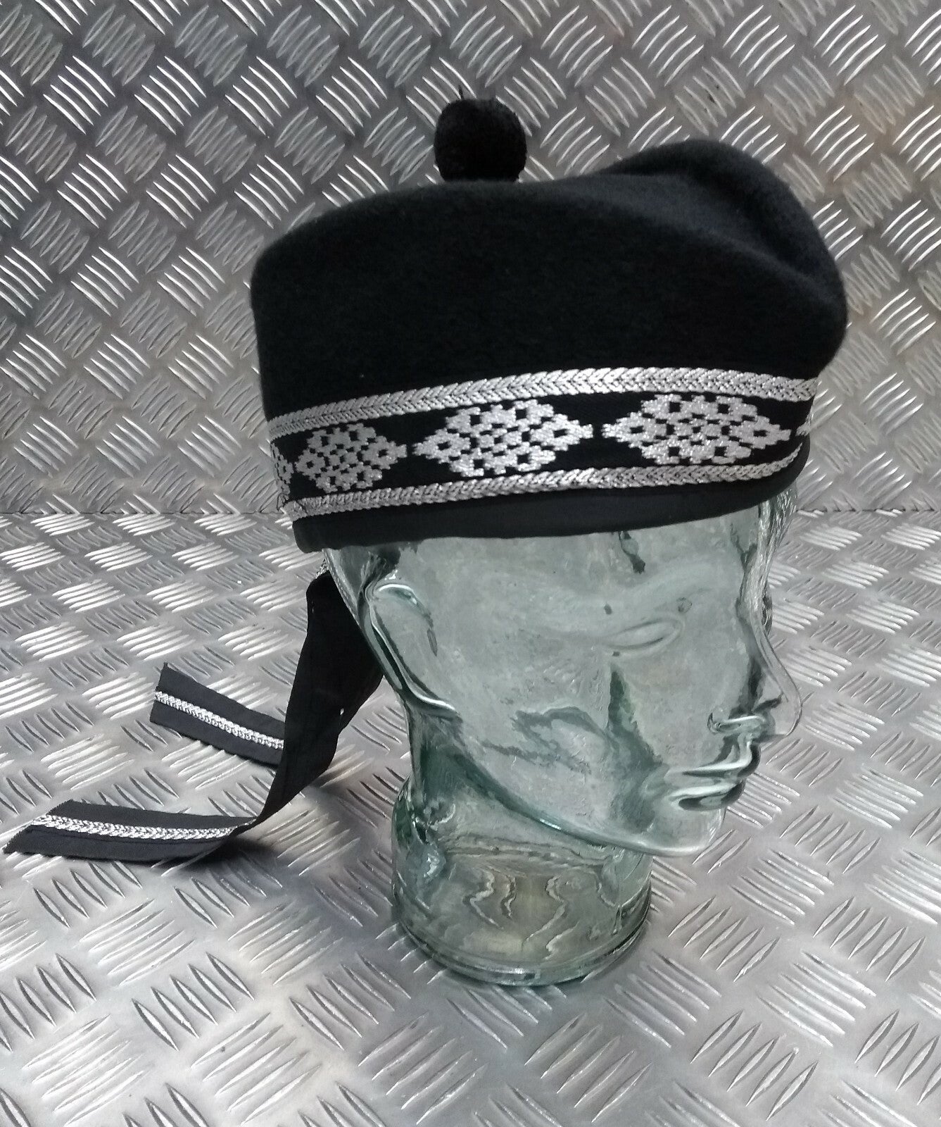 Glengarry Pipers Hat Black Pom With Silver Detailing 100% Wool Made in The UK