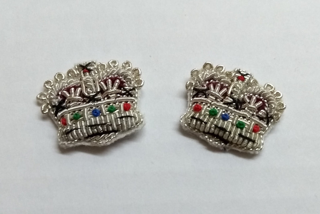 Army Silver Crowns Gilt With Crimson Padding Hand Embroidered Insignia 5/8" 1 Pr