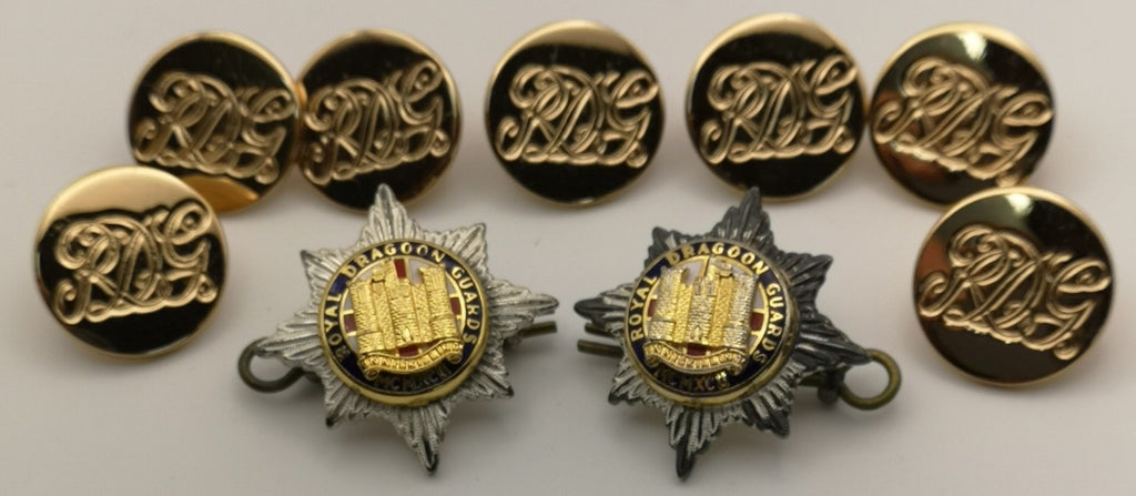 Royal Dragoon Guards RDG Flat British Army No1 Jacket Buttons Set of 7 and Collar Dogs