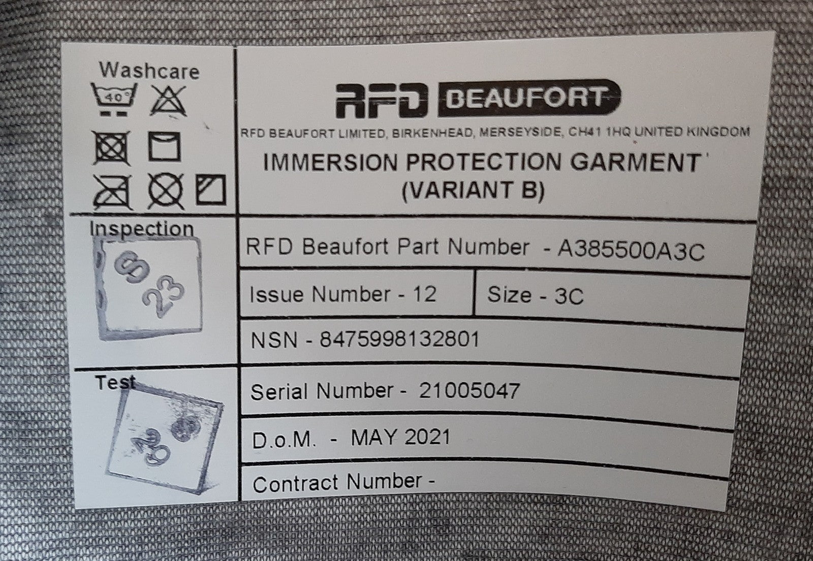 RFD Immersion Suit British Fast Jet Beaufort IPG Variant B Size 3C