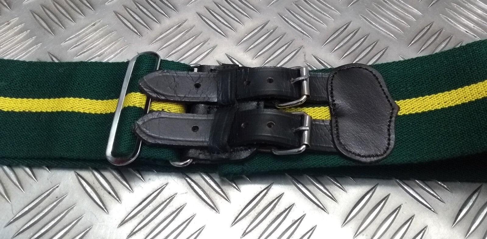Stable Belt 64mm Green with Yellow Stripes Double Leather Strap UK Made Large