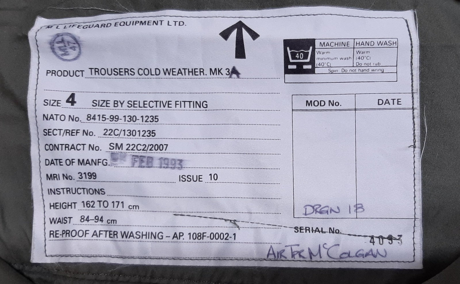Lifeguard Equipment LTD Aircrew Trousers Cold Weather Vintage M L 1990s Pattern