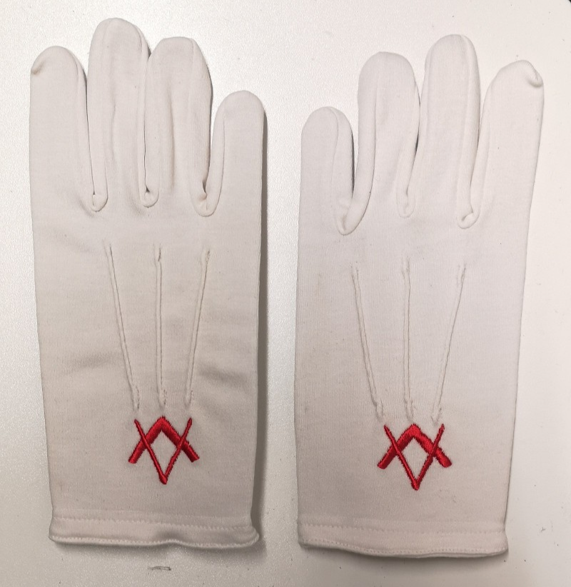 3 Dart White Cotton Gloves with Masonic Square & Compass Insignia Size Small