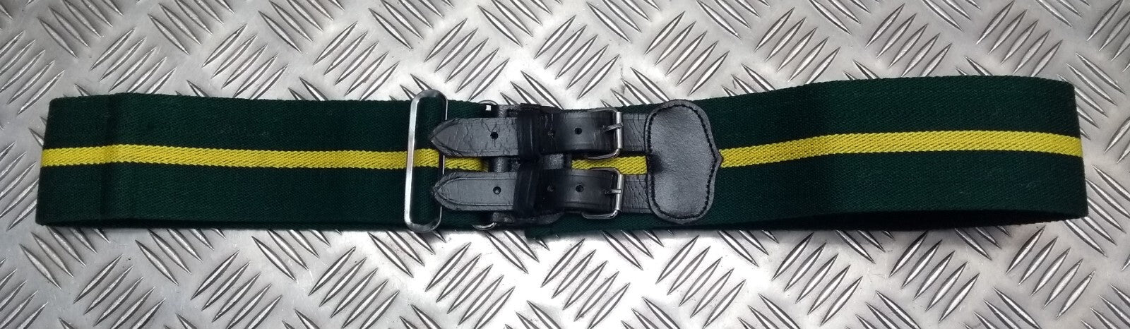 Stable Belt 64mm Green with Yellow Stripes Double Leather Strap UK Made Large