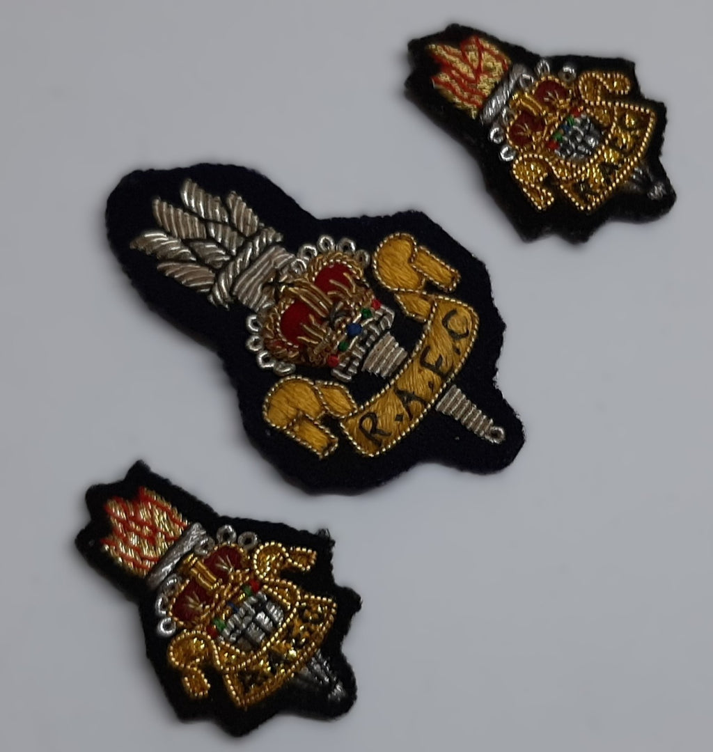 RAEC Hat / Cap Badge and Lapel Badges Hand Embroidered Vintage R.A.E.C