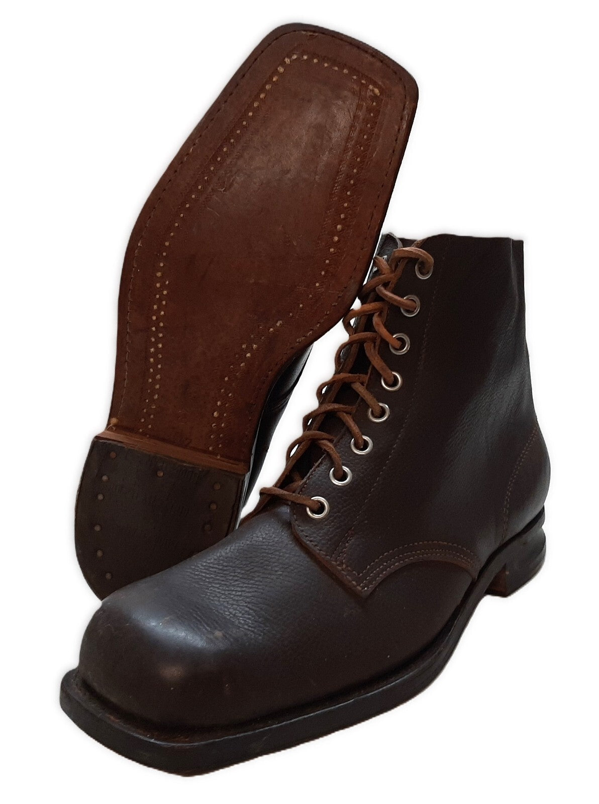 Vintage Army Boots Brown Leather WW2 Pattern 1947 Heel Plates Stitched Sole EU49