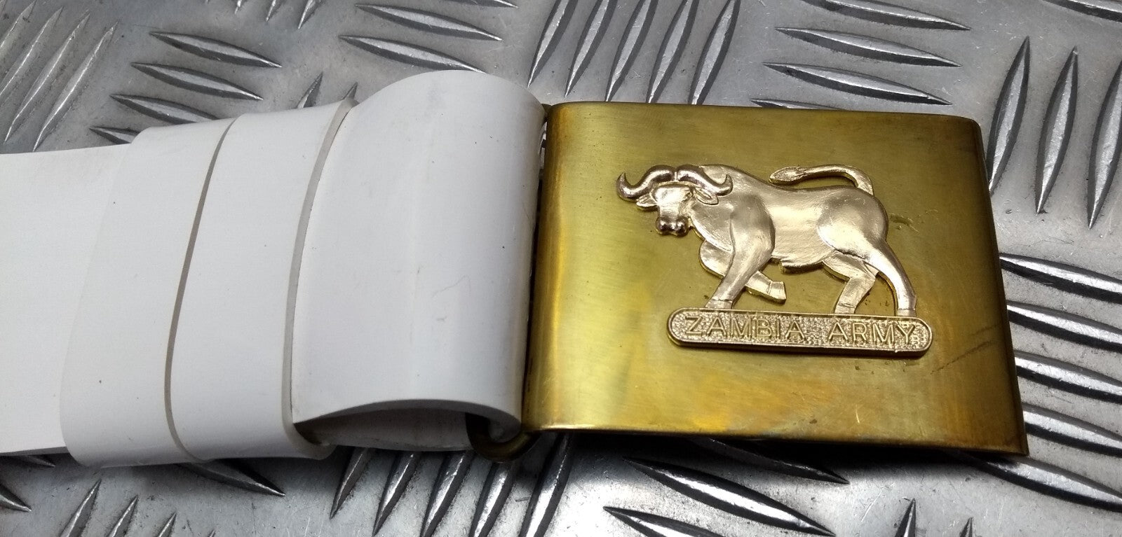 Zambia Belt PVC White Vinyl With Obsolete Zambian Bull Buckle 40"