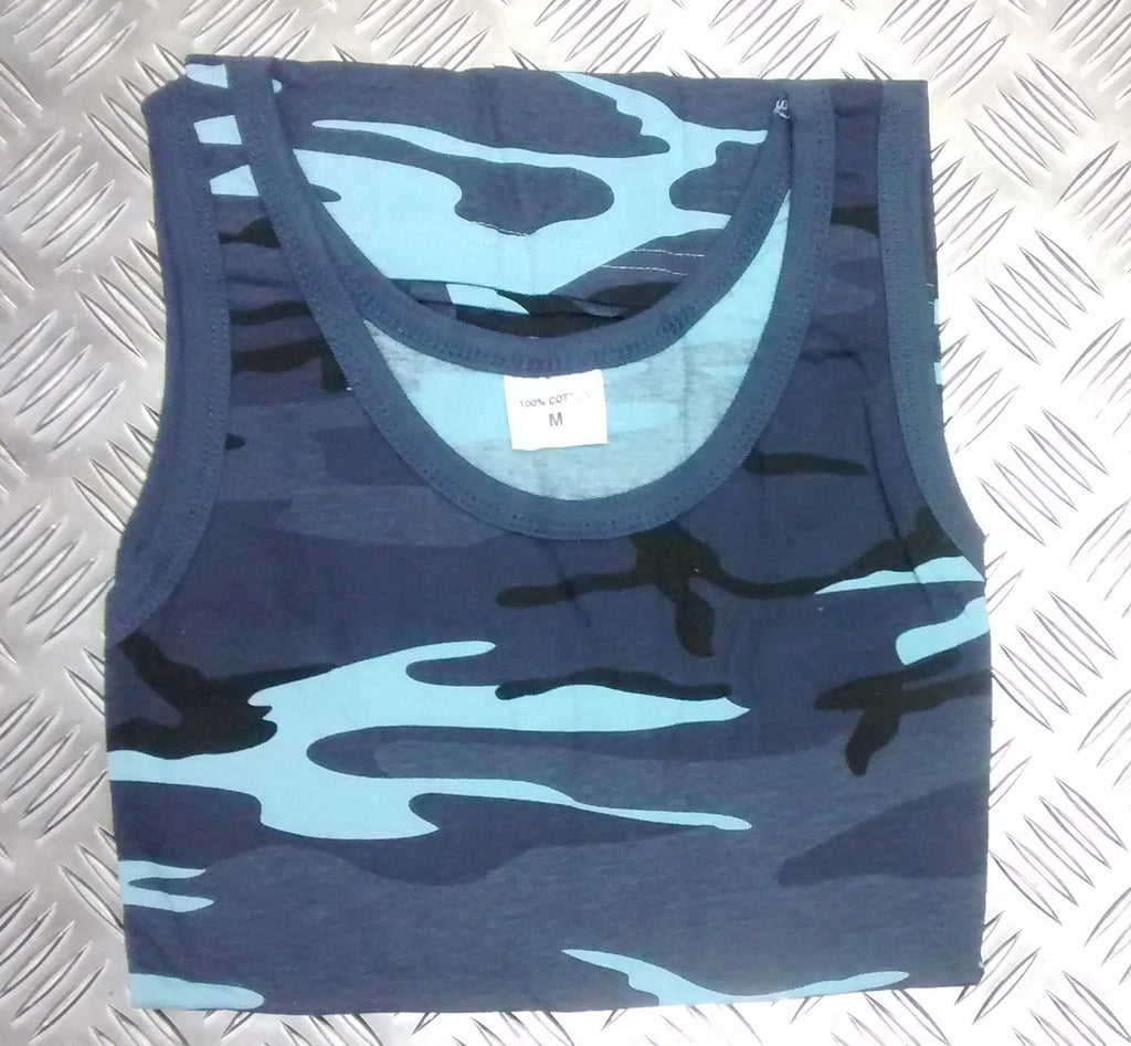 100% Cotton Midnite Blue Camo Sleeveless Vest Singlet Tank Top All Sizes NEW