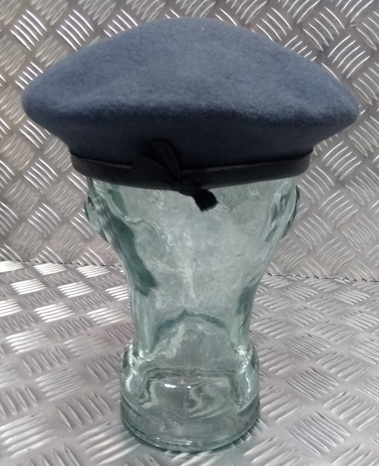 RAF Royal Air Force Beret Knitted Wool Blue Grey With Leather Rim & Badge Eyelets