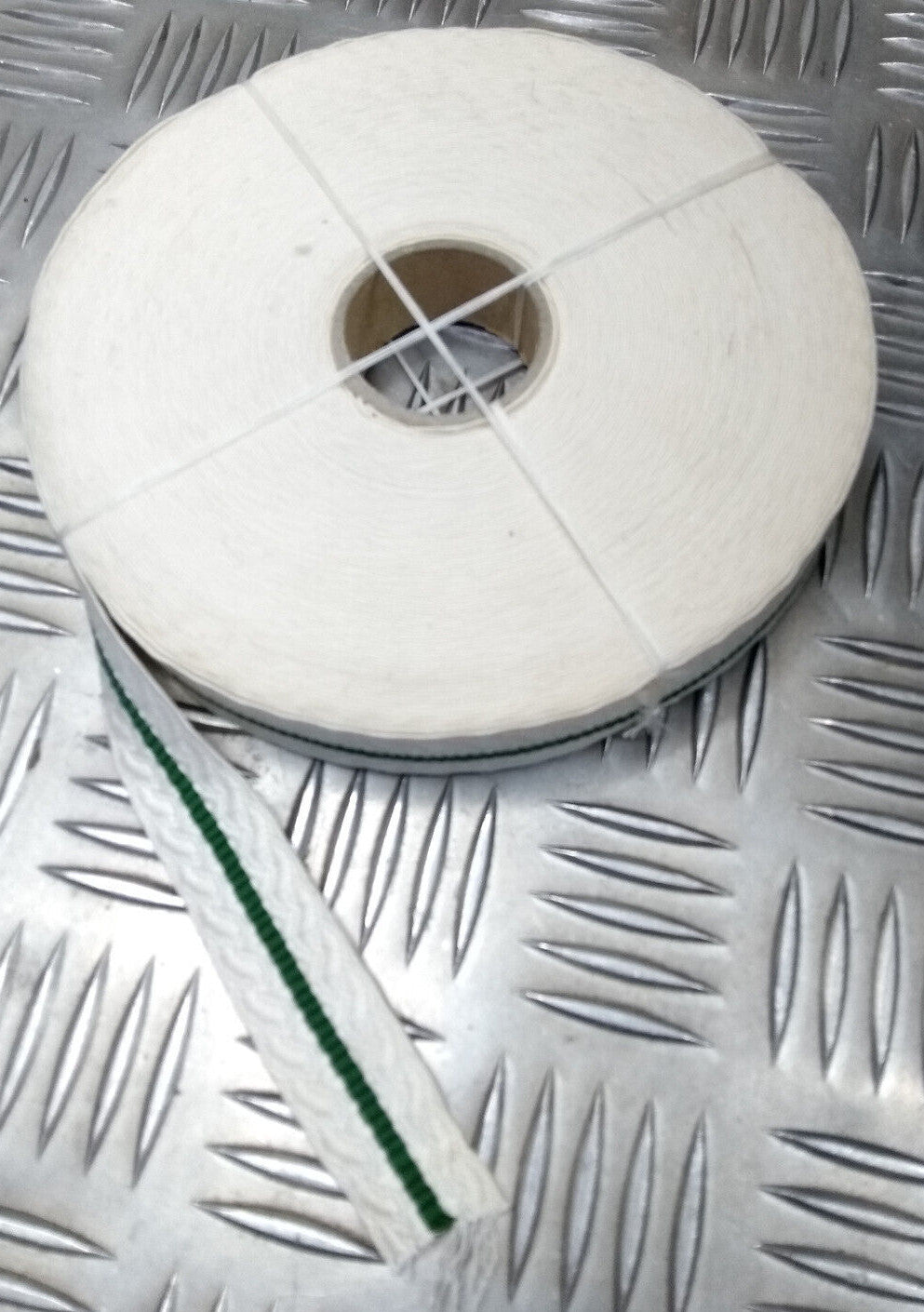 White Cotton Lace with Green Stripe 7/8" Made in France