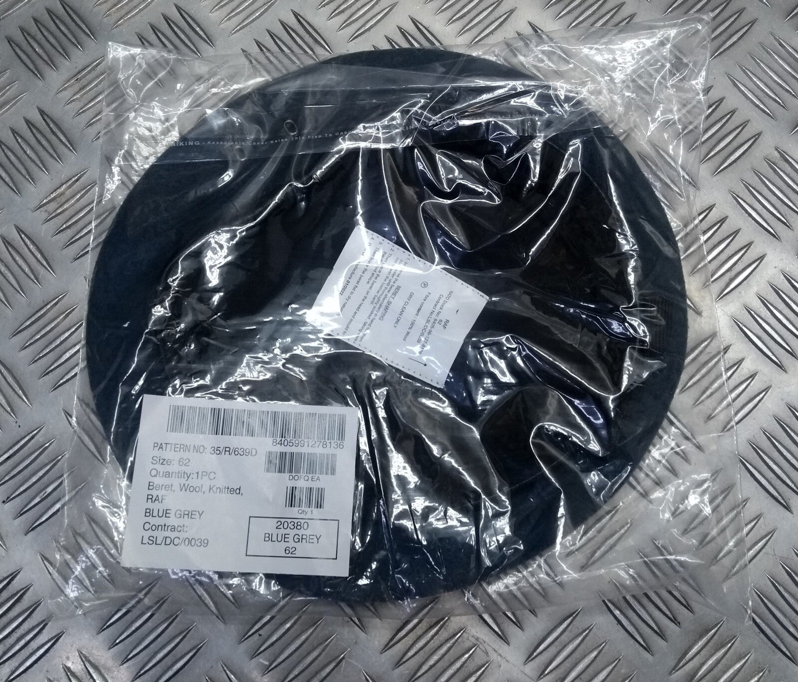 RAF Royal Air Force Beret Knitted Wool Blue Grey With Leather Rim & Badge Eyelets 62cm New