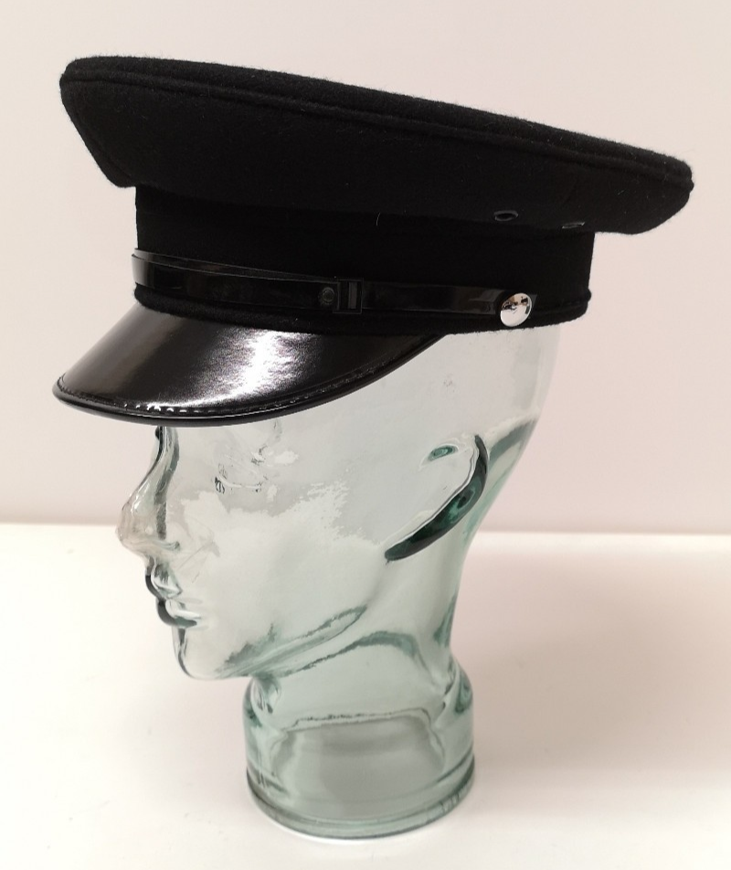 Dress Hat Black Wool Peak Cap with Chinstrap and Plain Buttons Size 50-52cm