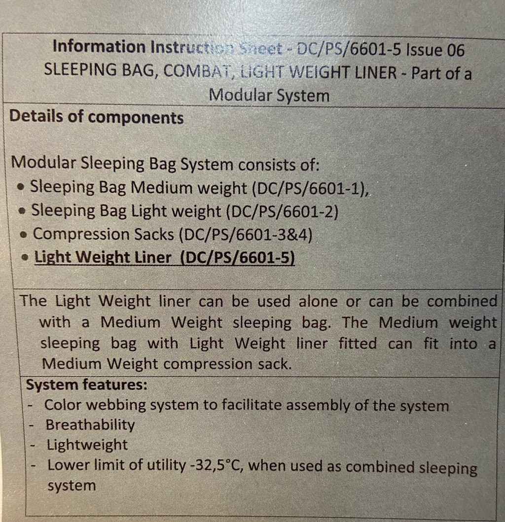 Genuine British Army Fecsa Lining Liner For Light Weight Sleeping Bags Size NEW