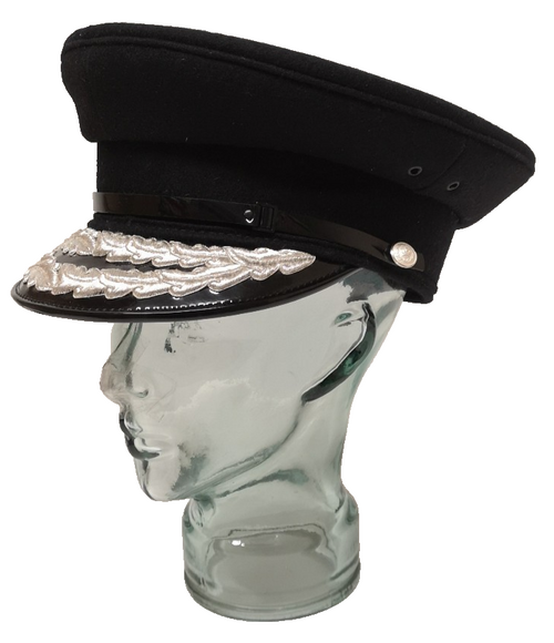 Plain Black Double Oak Leaf Peaked Cap with Lords Silver Buttons 57cm