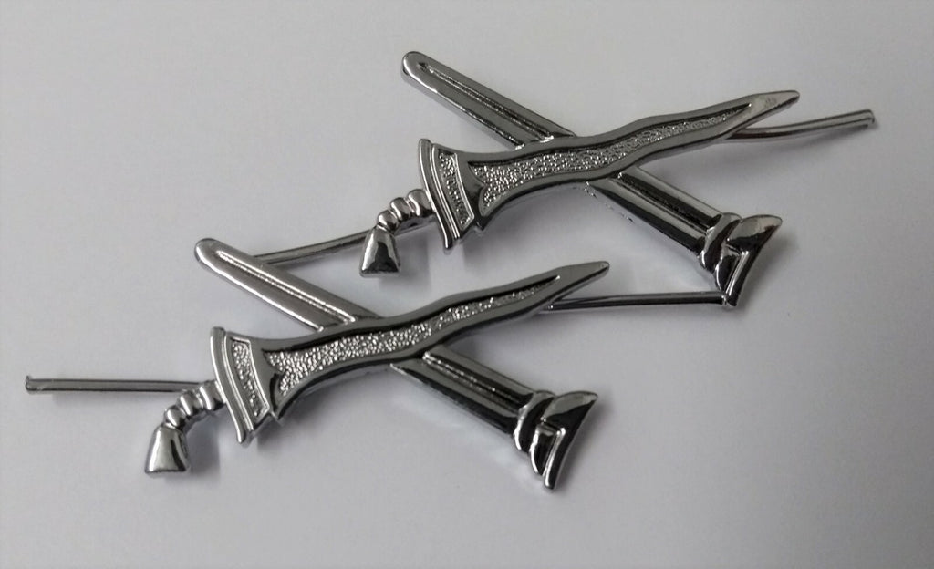 Sword & Scabbard Crossed Chrome Prong Back Obsolete Pattern- NEW