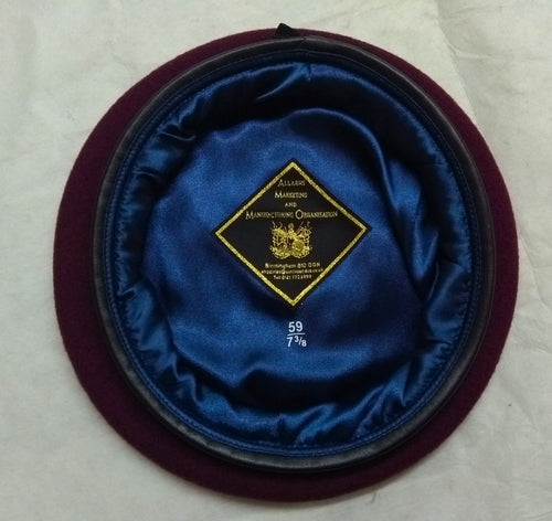 Maroon Beret Army Allarms UK Pattern Wool / Silky Lining & Leather Trim 59cm