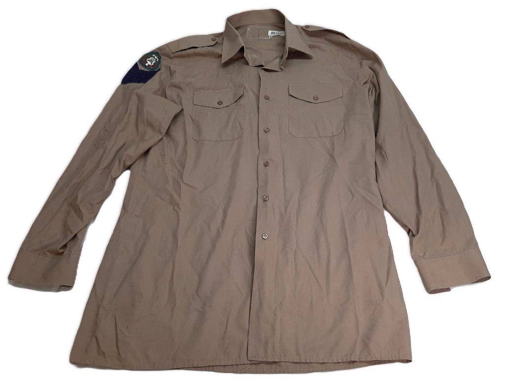 Vintage Dress Shirt Old Pattern Khaki / Brown Long Sleeve With Badges C:41cm