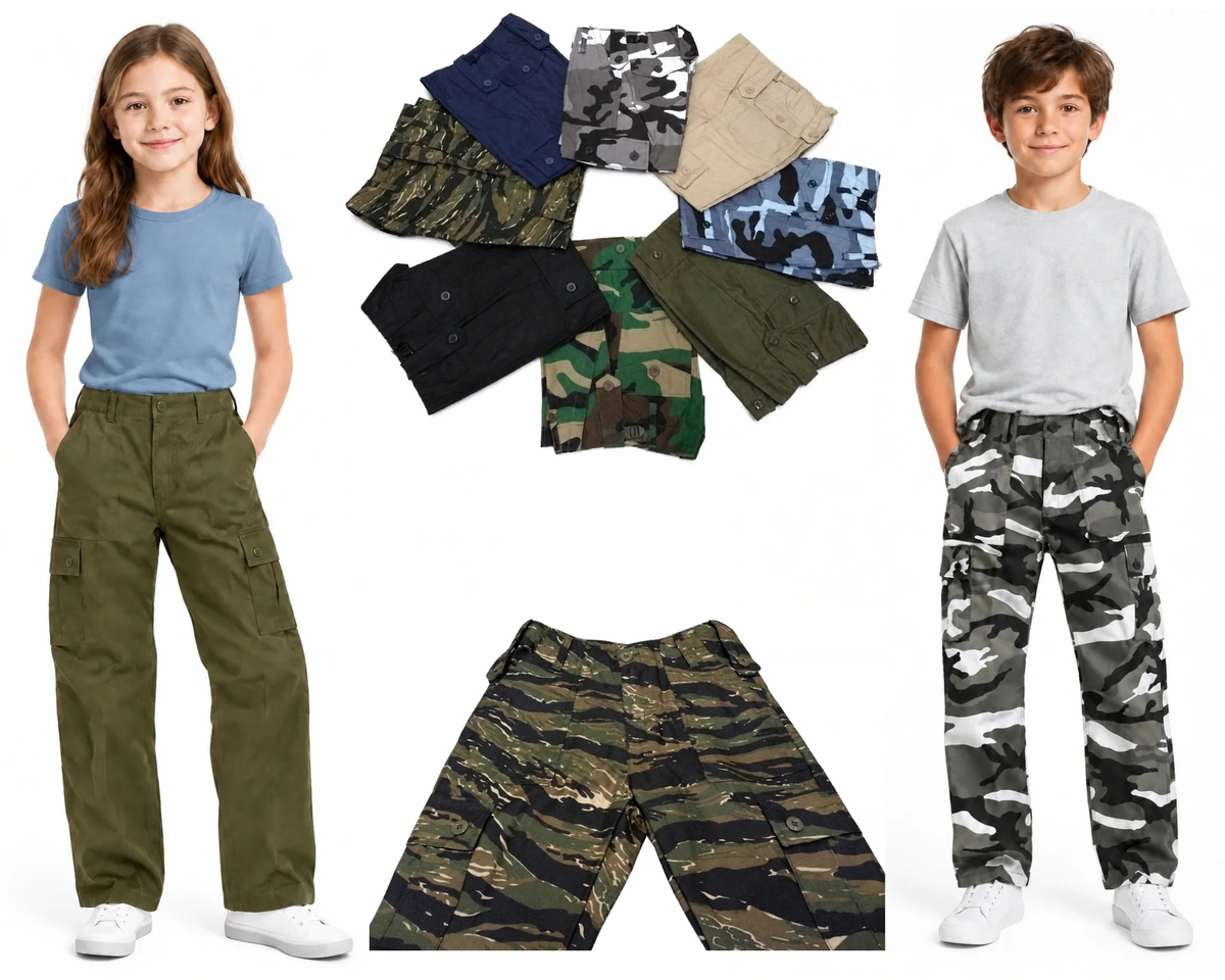 Kids Combat Trousers Military Style 6 Pocket Army Cargo Pants Assorted Colours