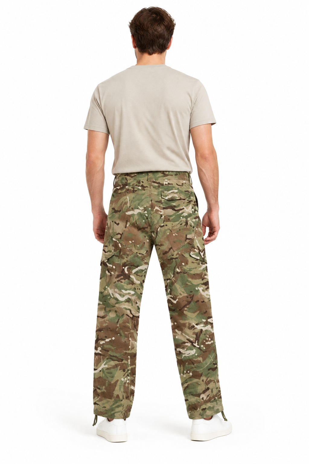 Back view of model wearing MTP camo trousers with casual outfit
