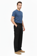 Black combat trousers male blue tee darker