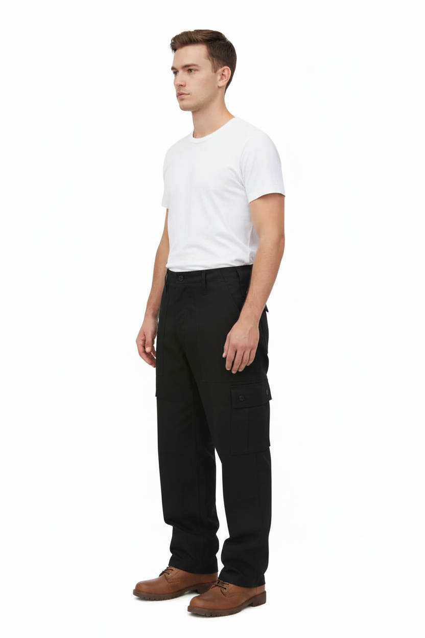 Black combat trousers male white tee