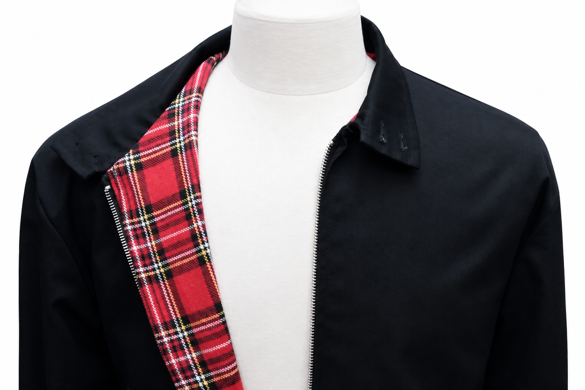 Black Harrington jacket on a tidied mannequin with white background