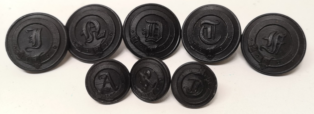 Black Livery / Civilian Buttons with Various Decorative Initial Letters set of 8
