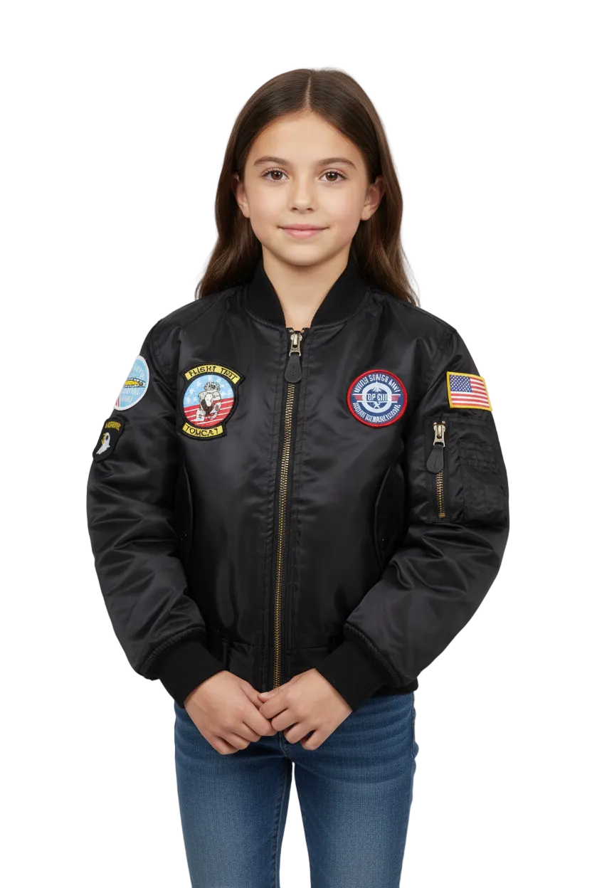 Black MA1 with badges on young girl model